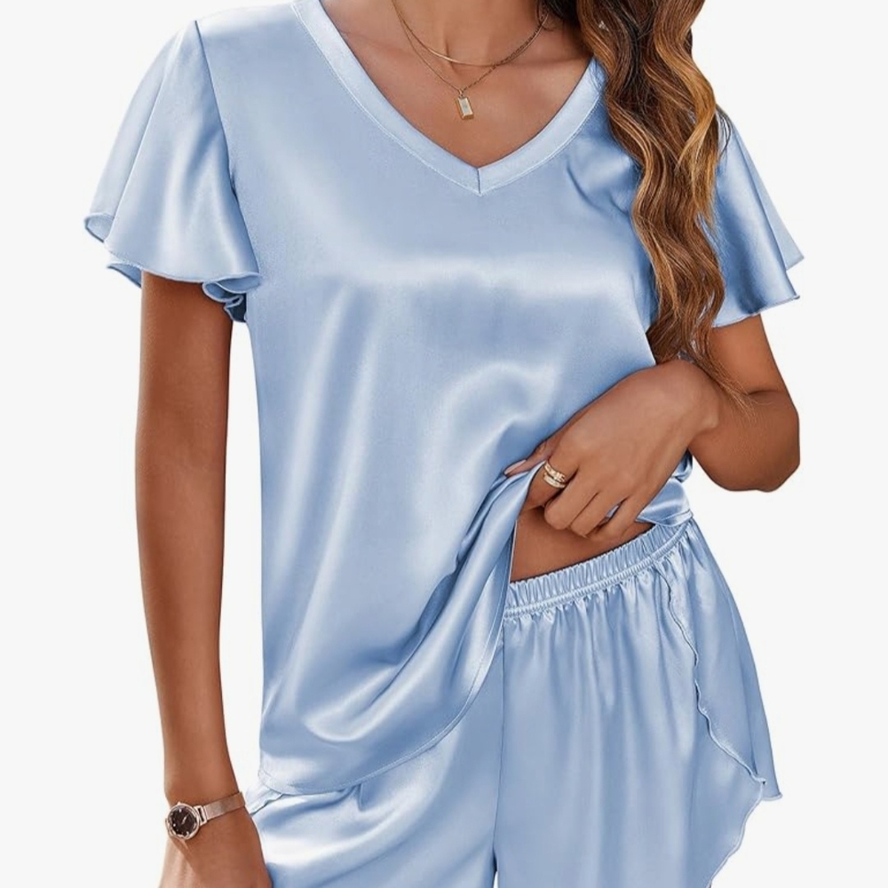 Women's Blue Satin Sleepwear Set
